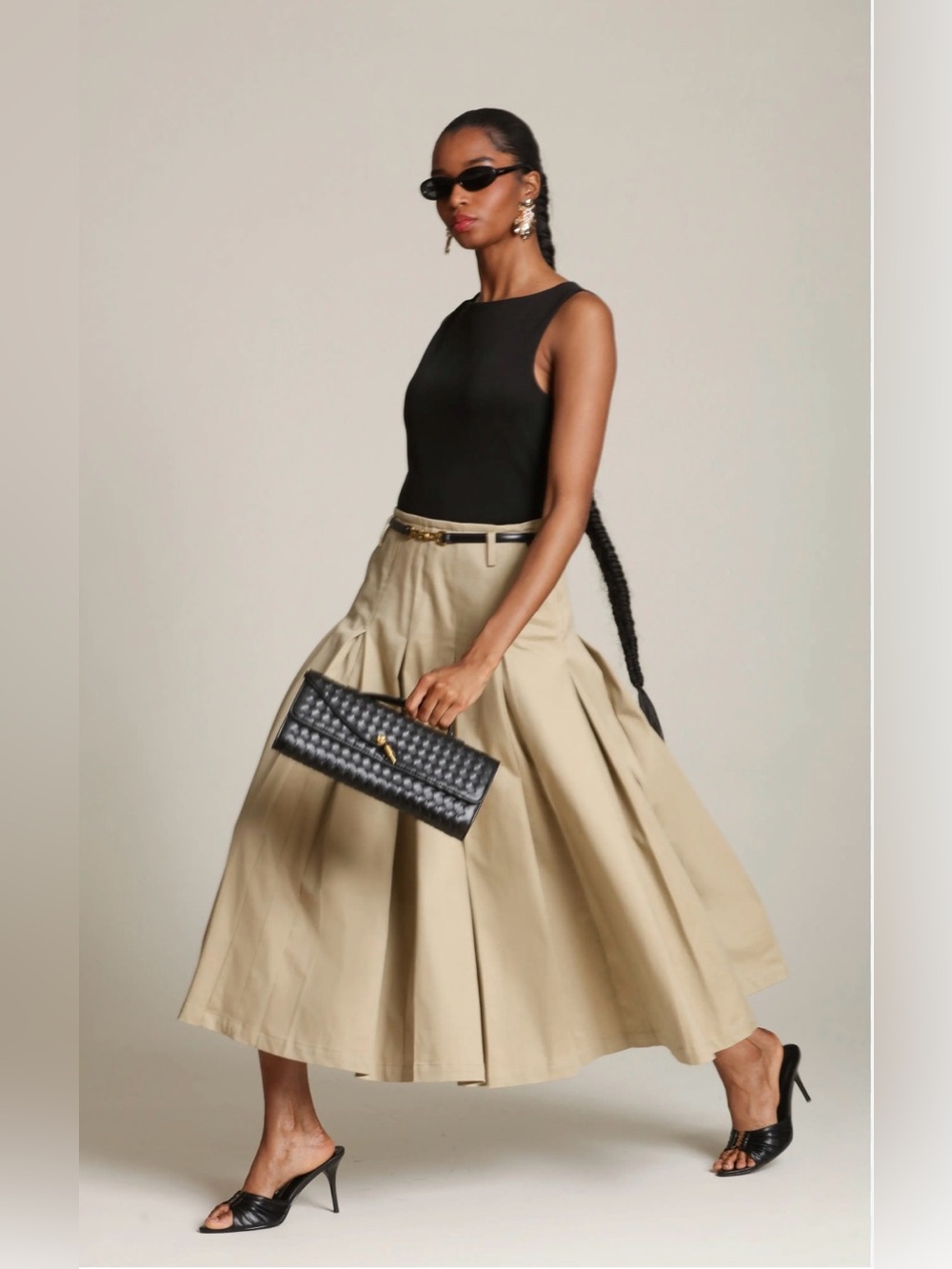 Avec Les Filles $250 Mixed Media Classic A-Line Midi Dress in Khaki